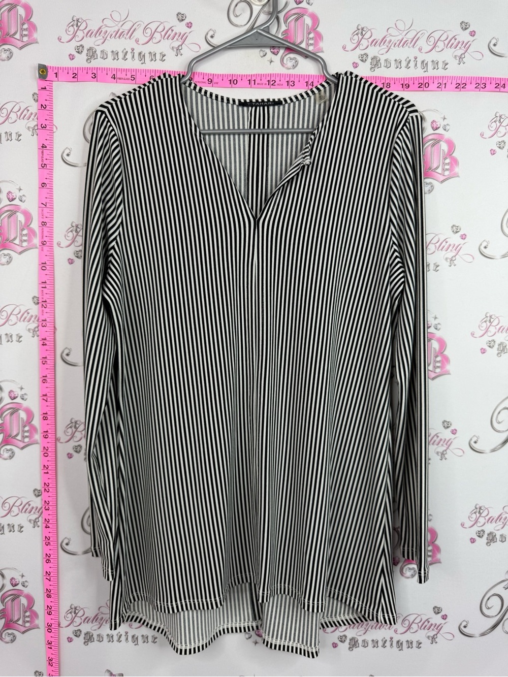 Tahari Black & White Vertical Stripe V-Neck Tunic